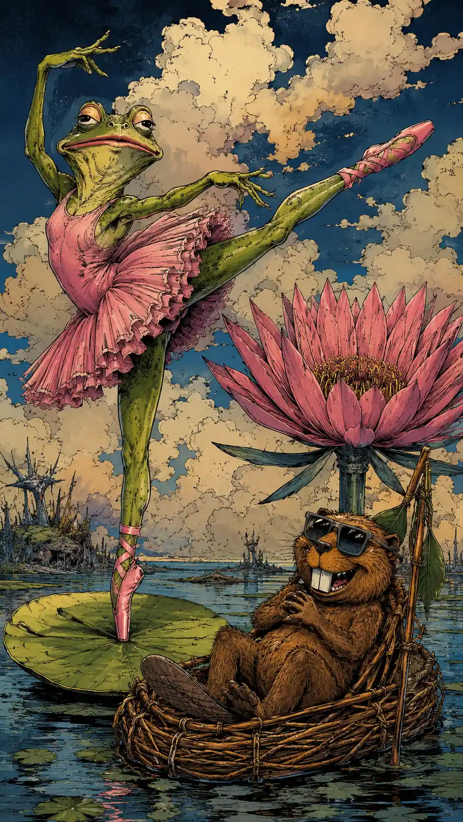 Ballet dancing frog on lily pad watched by beaver