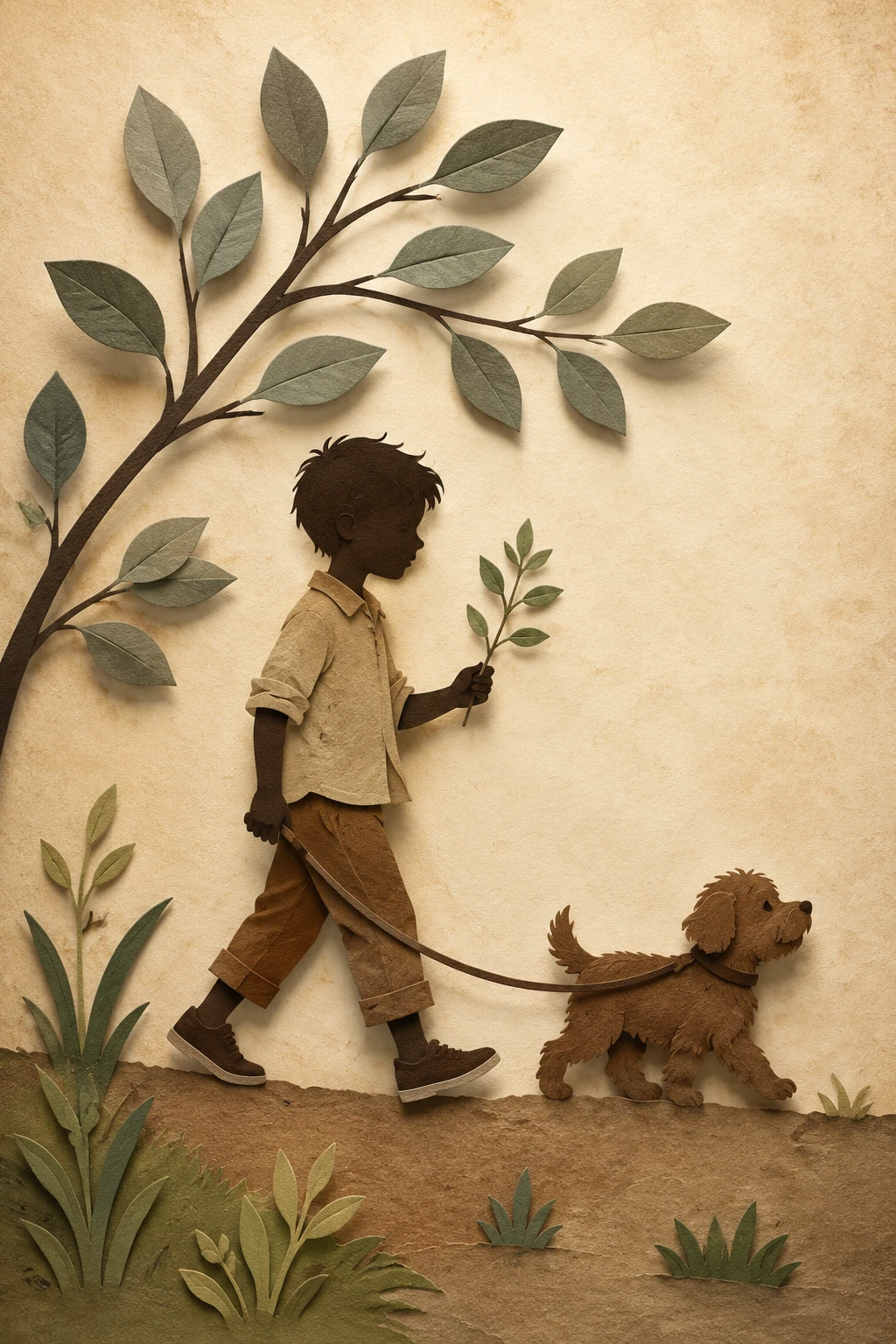 Boy walking a dog in layered papercut silhouette art