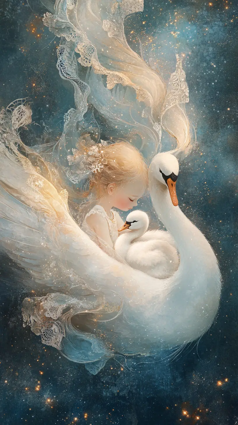 Child drifting with luminous celestial swan in starlit sky