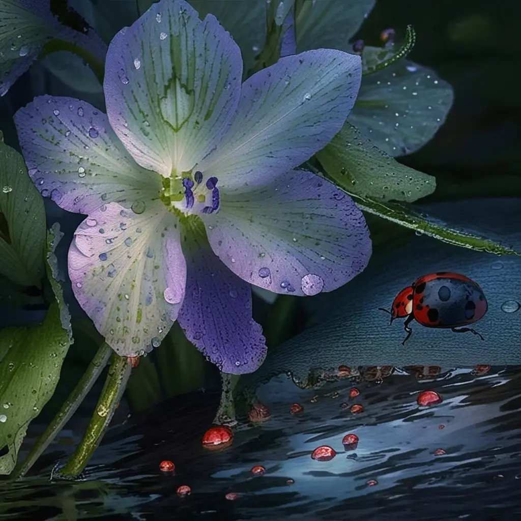 Water hyacinth blossoms beside a small flowing stream