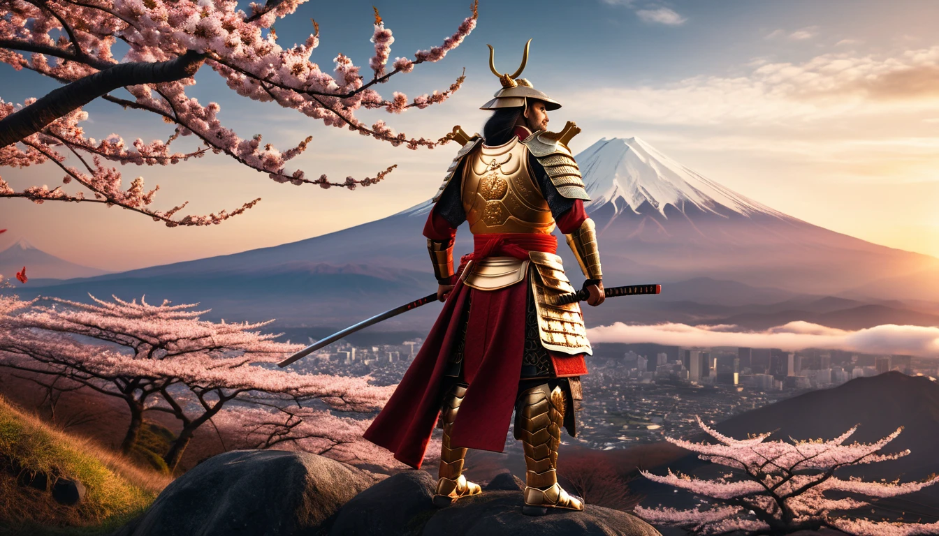 Samurai warrior on a hill at sunrise facing Mount Fuji