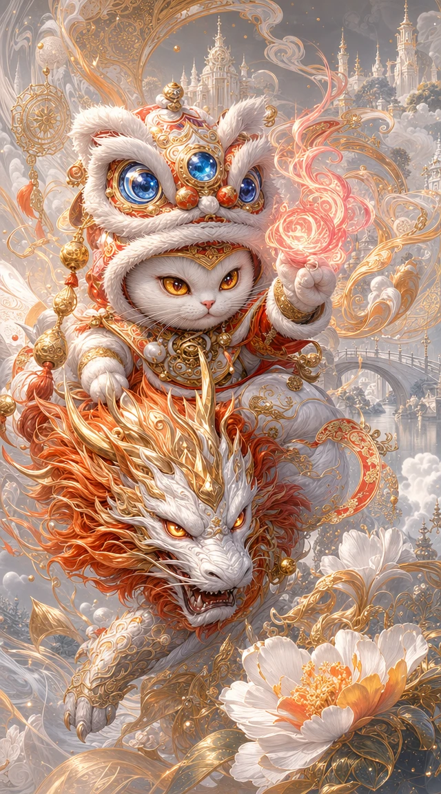 Jinete de gatito de fantasía en un reino espiritual resplandeciente
