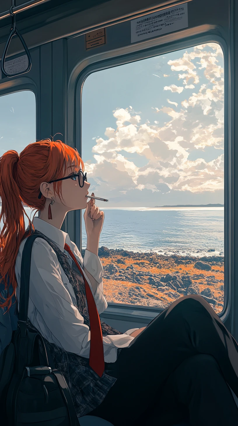 海辺の列車の窓辺で煙草を吸うアニメ少女