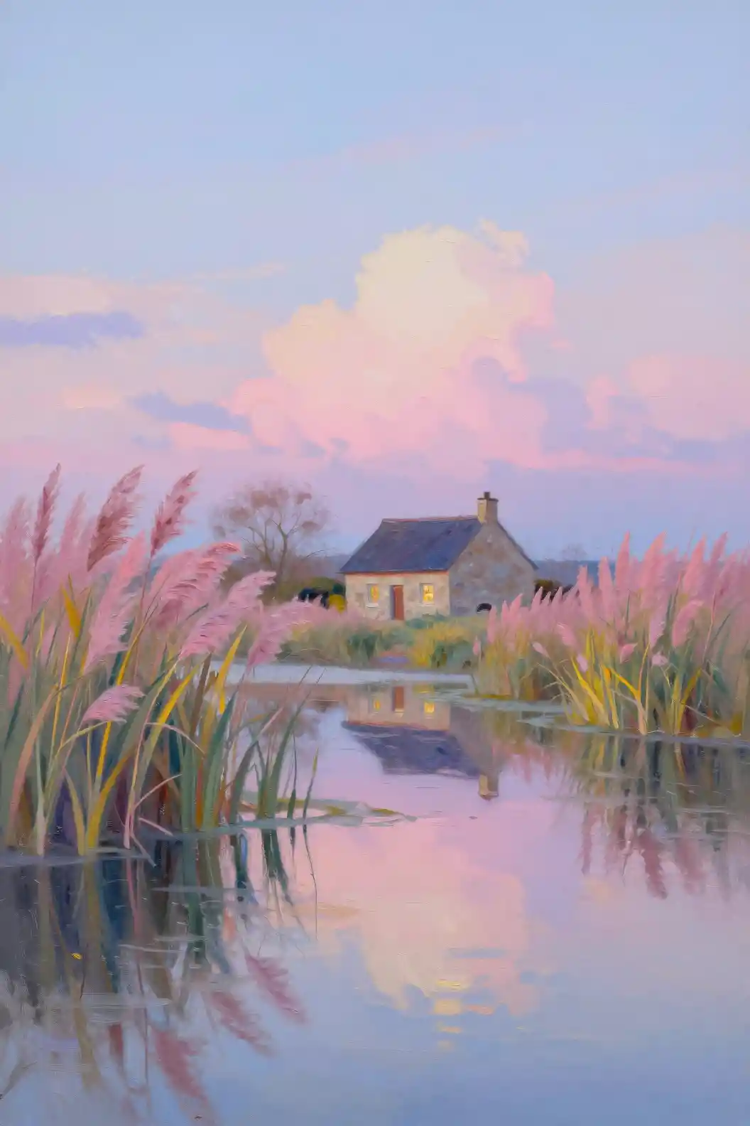 Peaceful lakeside house framed by colorful reeds at dusk
