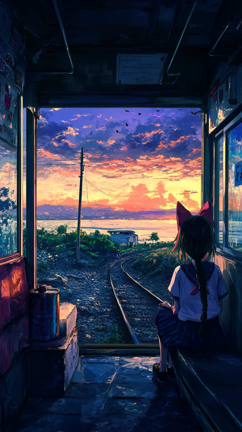 Garota de anime descansando na janela do trem ao anoitecer
