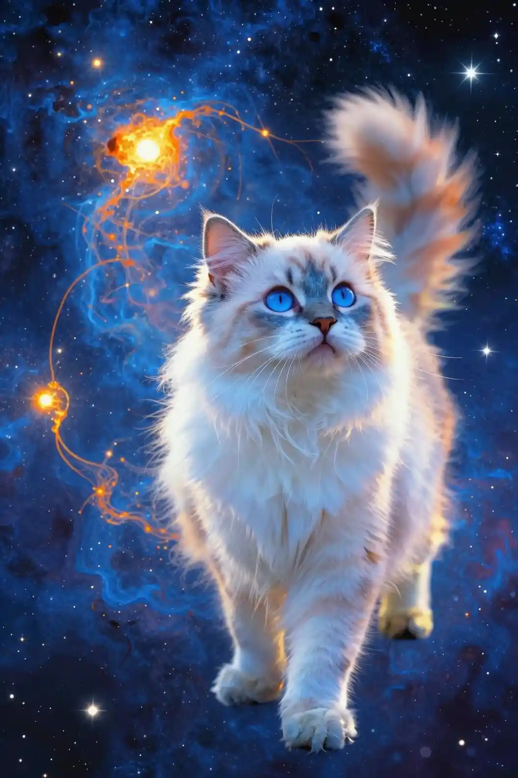 Celestial blue cat emerging from glowing cosmic nebula