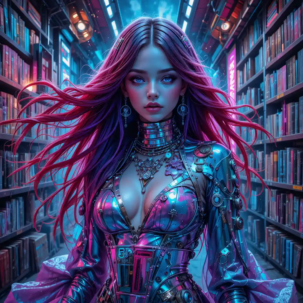 Cyberpunk woman in neon underground futuristic library