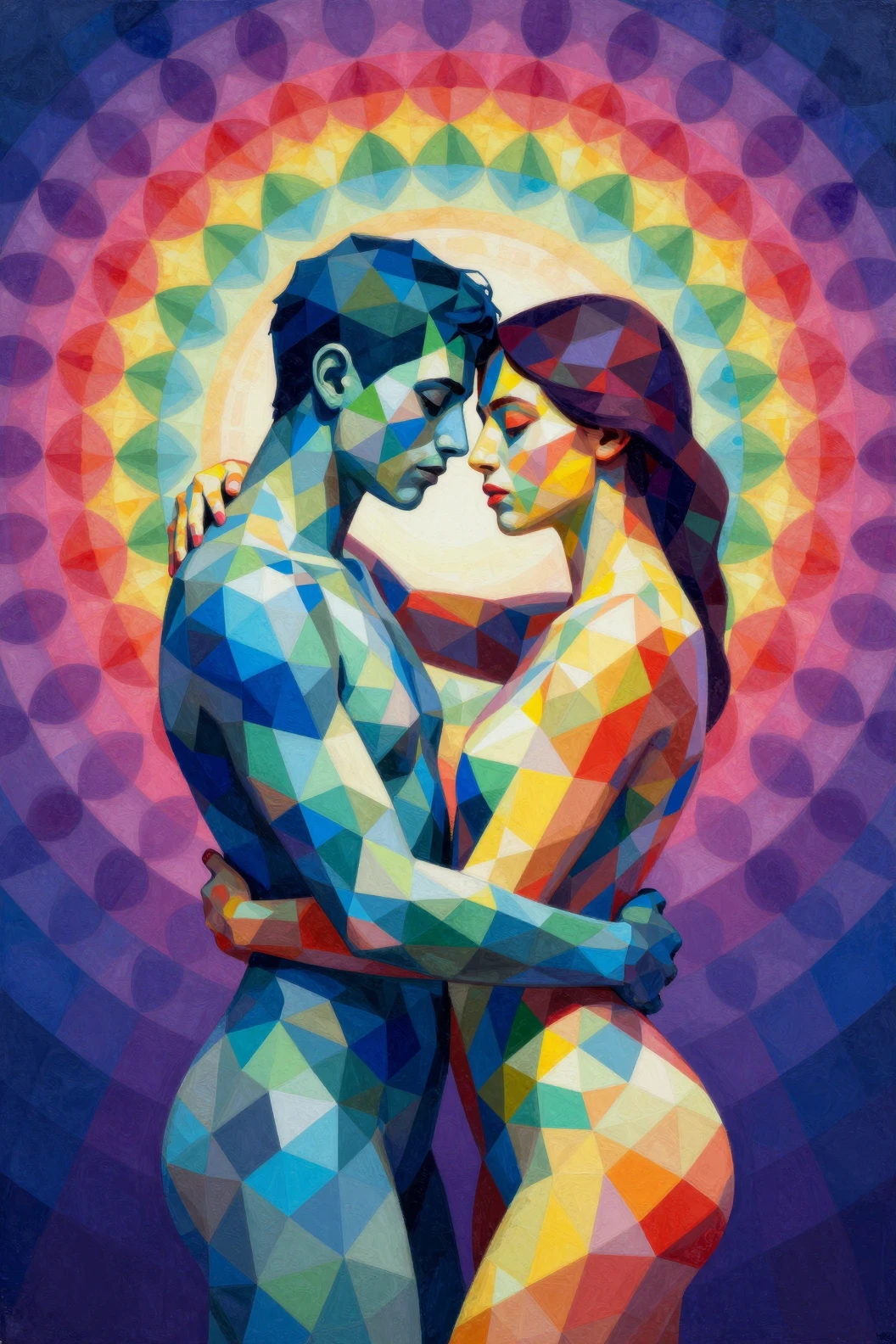 Geometric couple embracing in a vibrant abstract halo