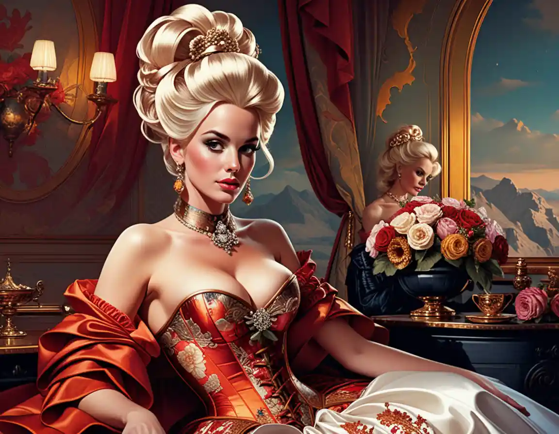 Fantasy courtesan in rococo corset in neon boudoir