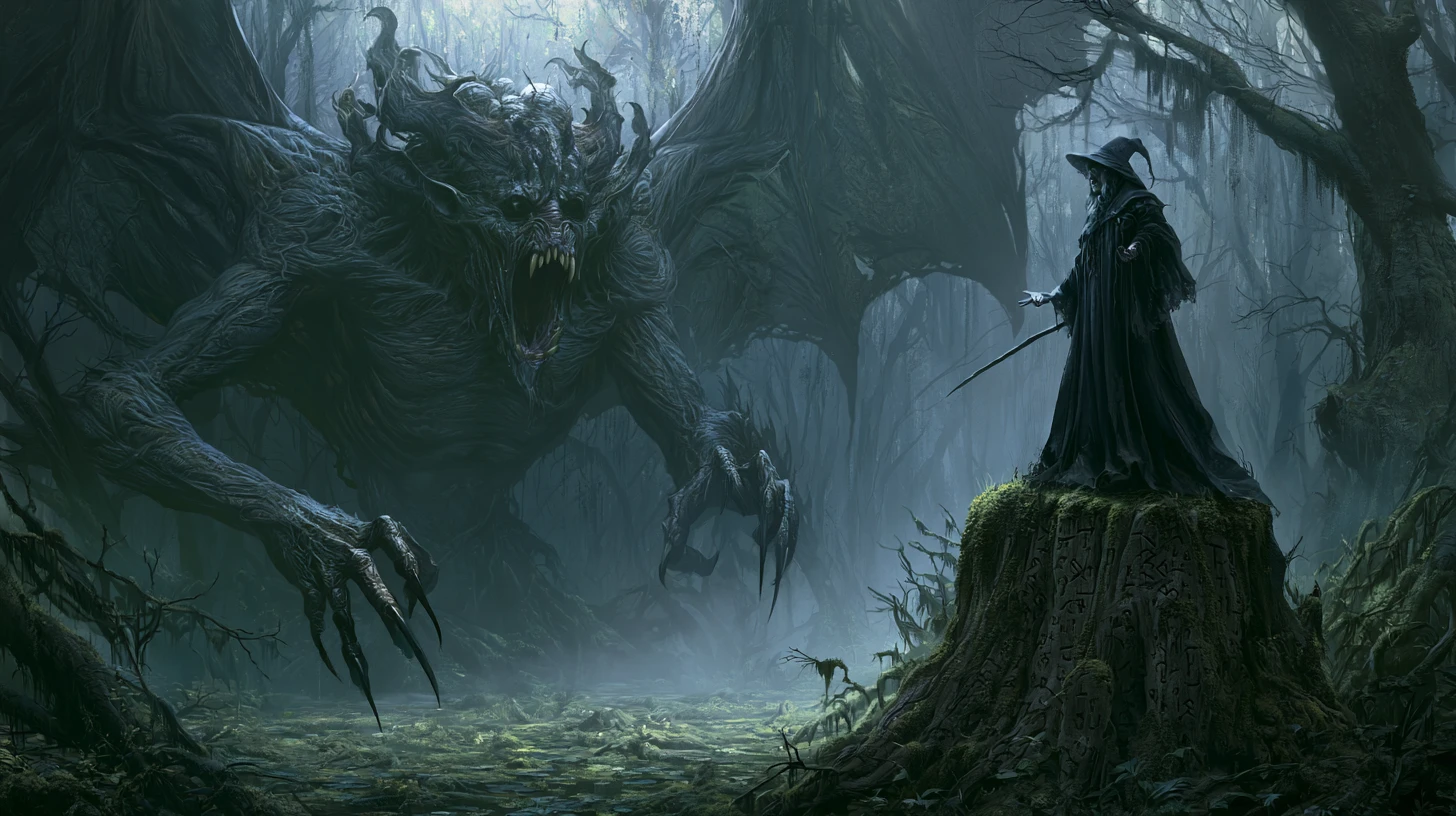 Ancient witch summoning a demon from a dark swamp