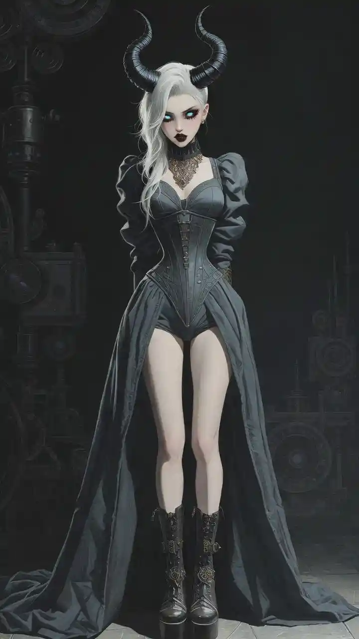 Horned woman in steampunk victorian evening gown facing viewer