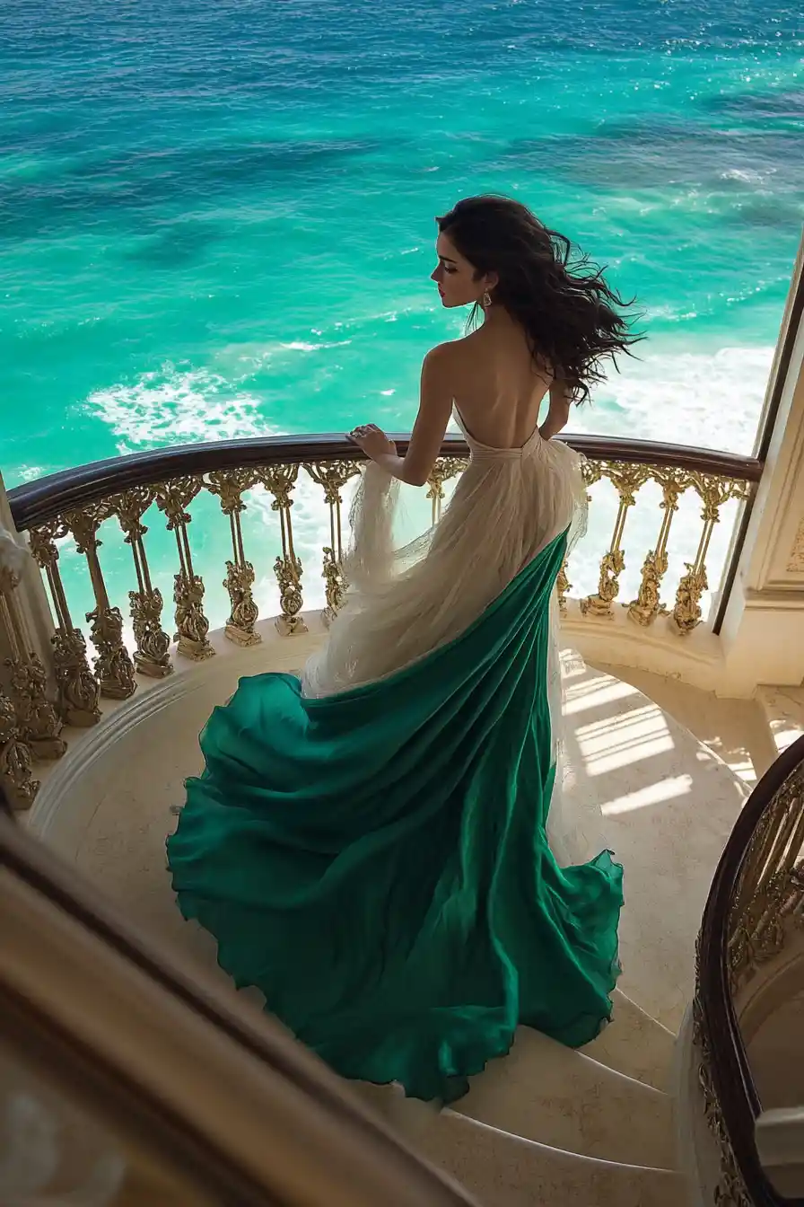 Elegant woman on grand staircase in oceanfront mansion