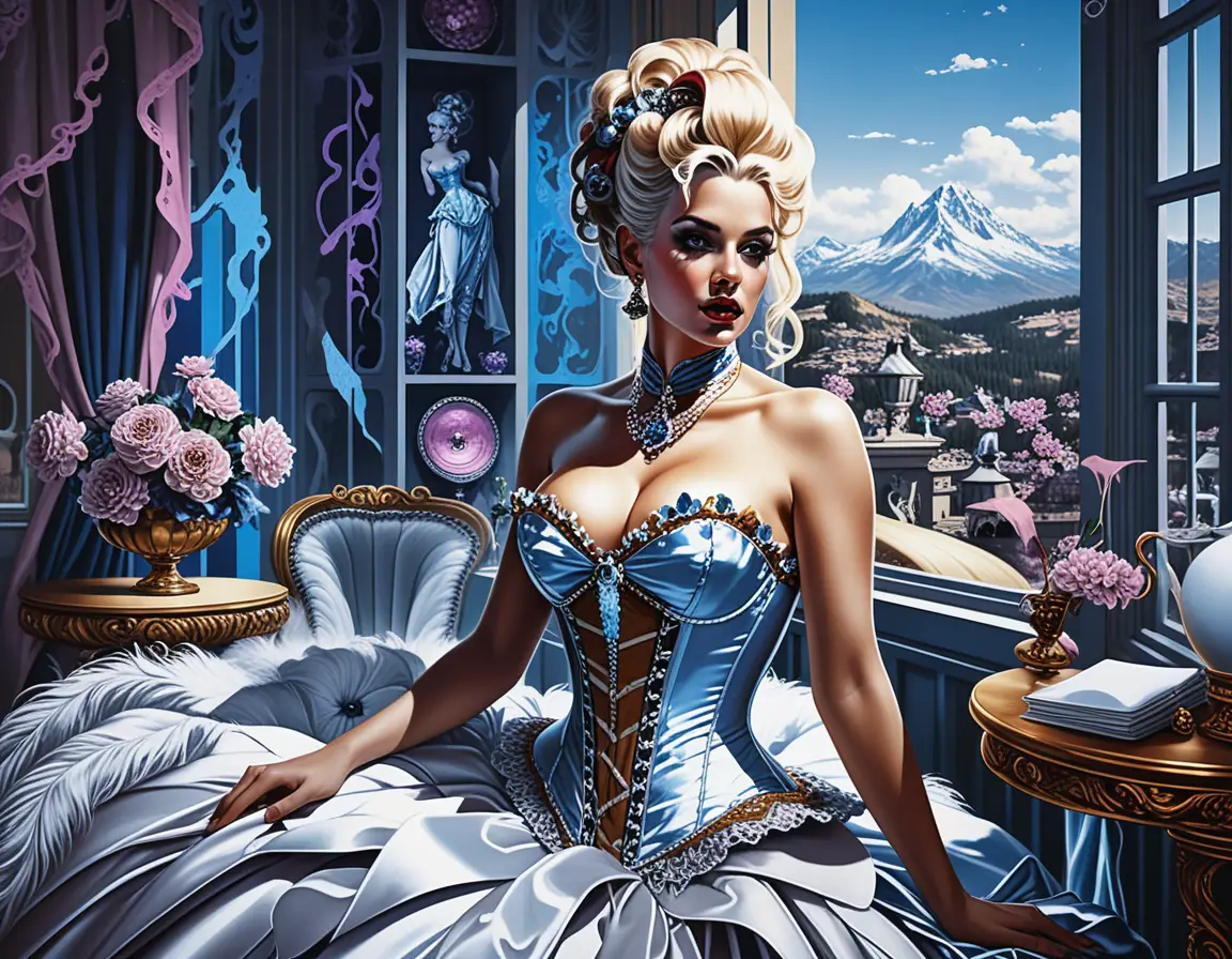 Blonde courtesan in rococo corset in fantasy boudoir