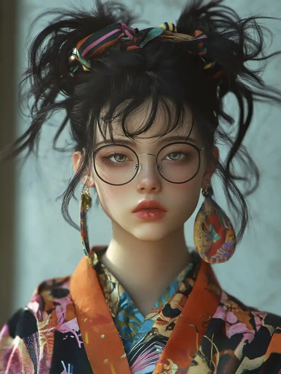 Quirky young woman in vibrant surreal fashion portrait