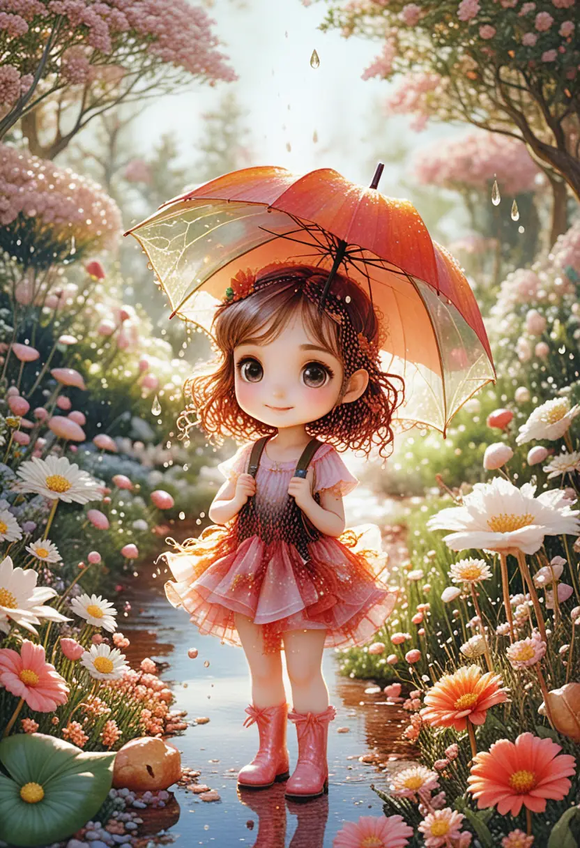 Tiny chibi girl sheltering under a leaf in the rain