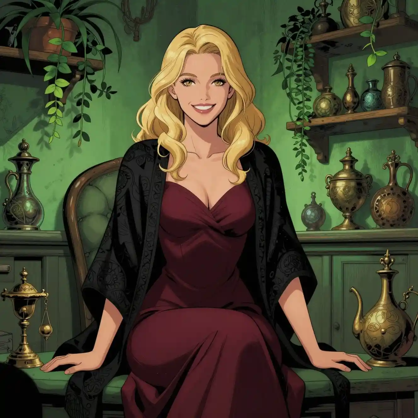 Young blonde woman in a mystical green cozy room