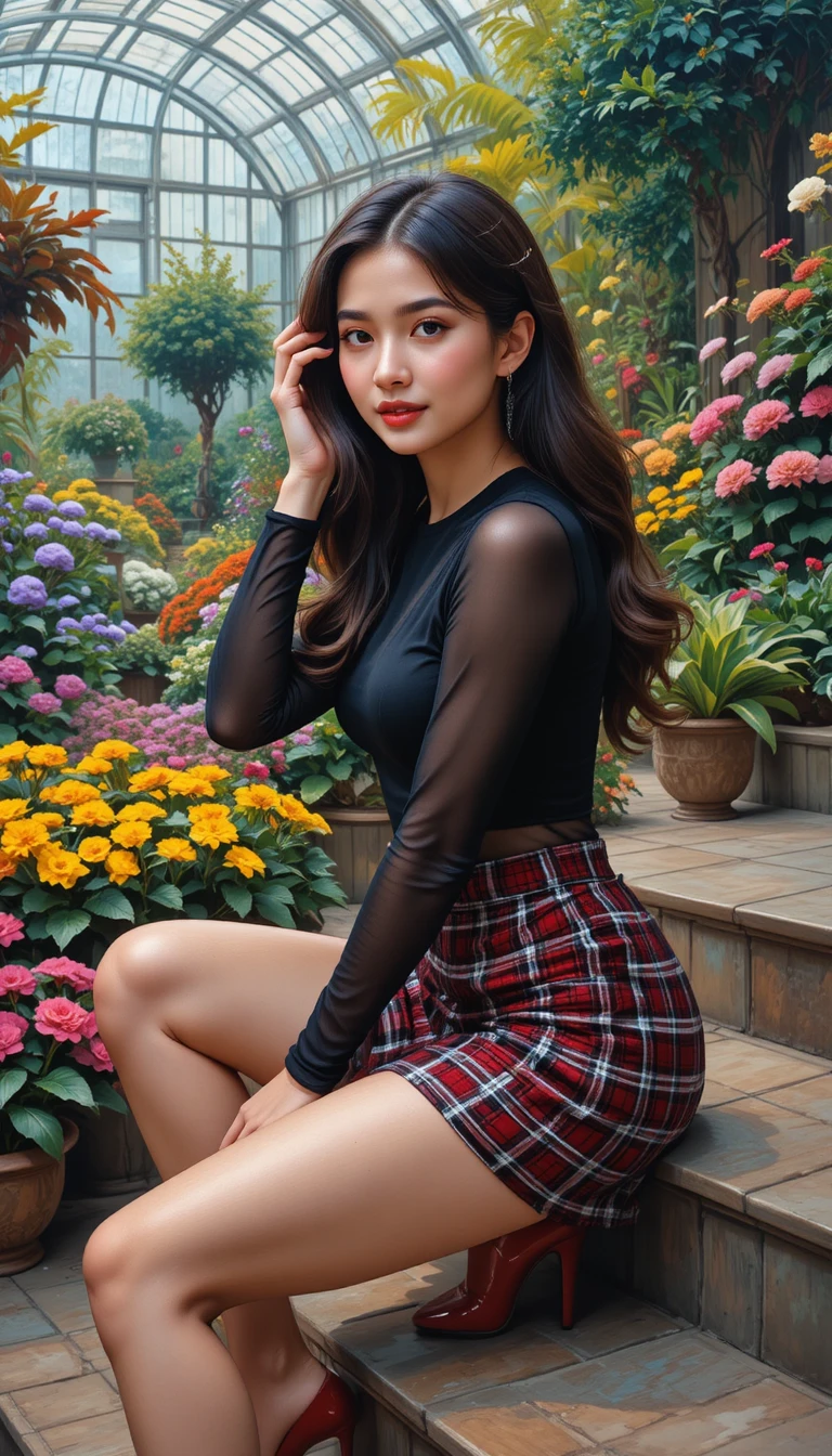 Woman sitting on stone steps in a colorful greenhouse