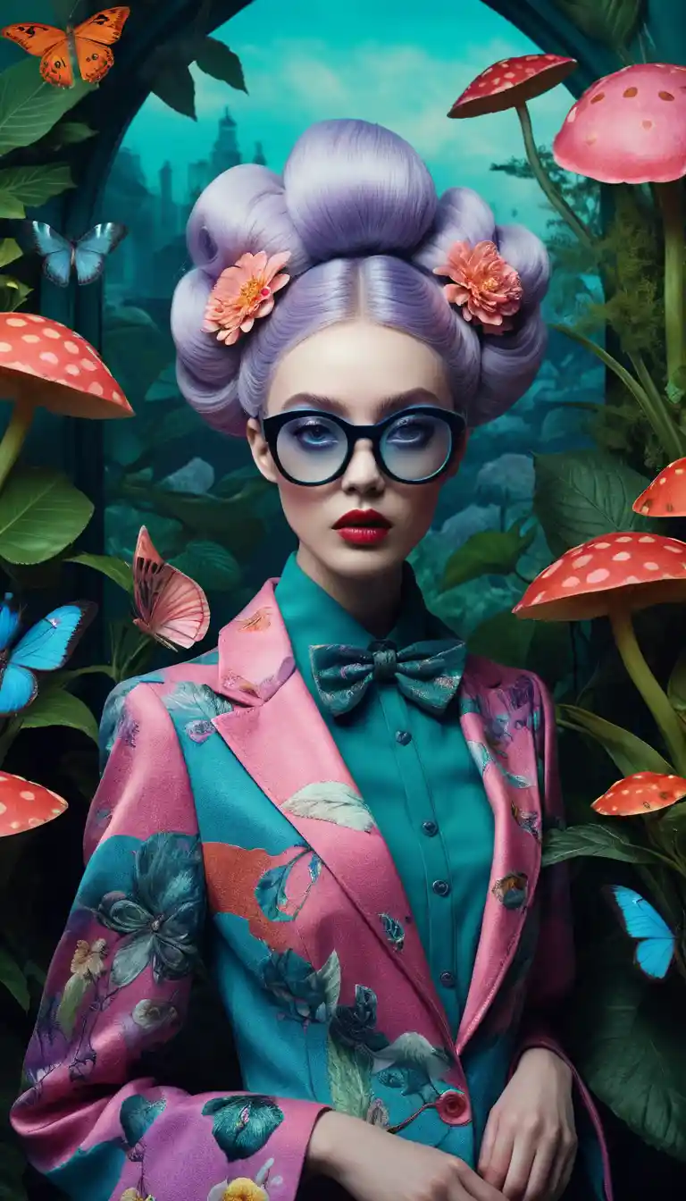 Woman with glasses in a surreal dreamy fantasy landscape