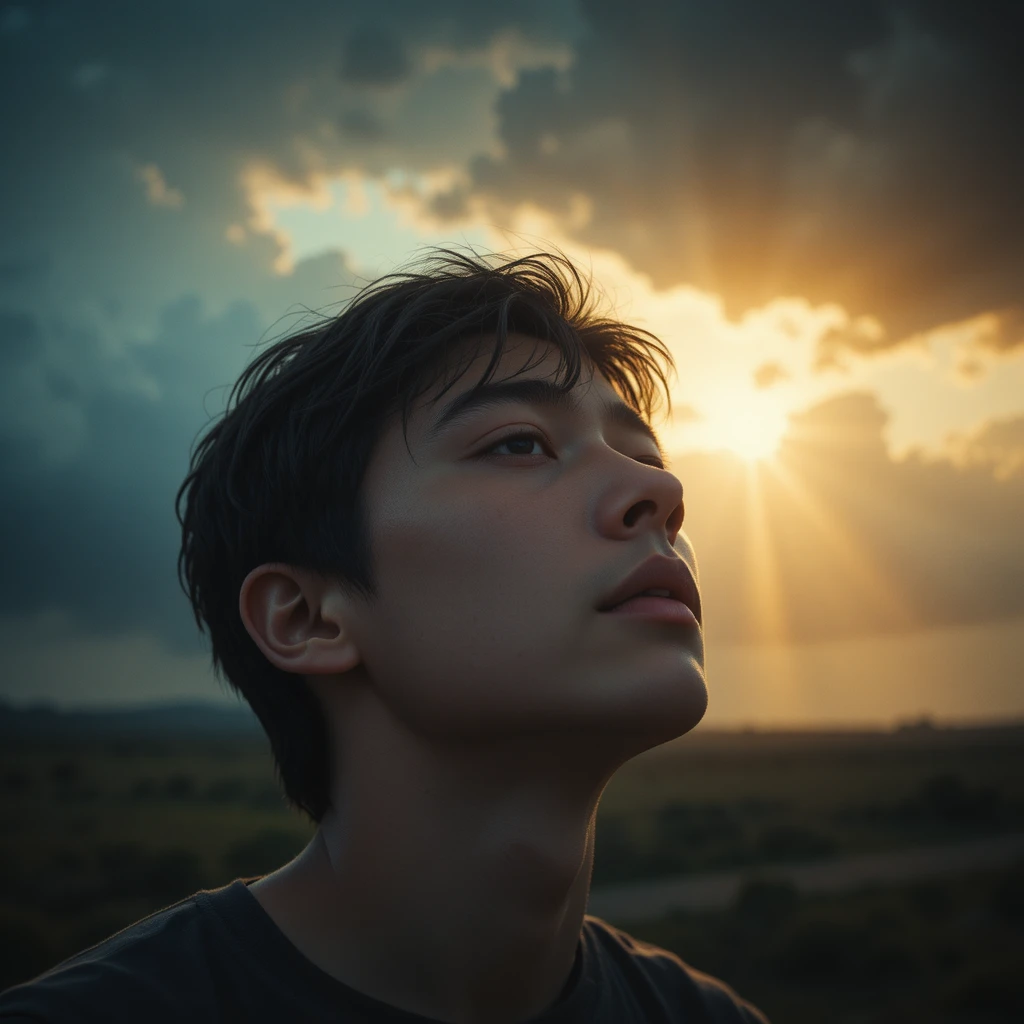 Emotional close up of a young man under storm clouds