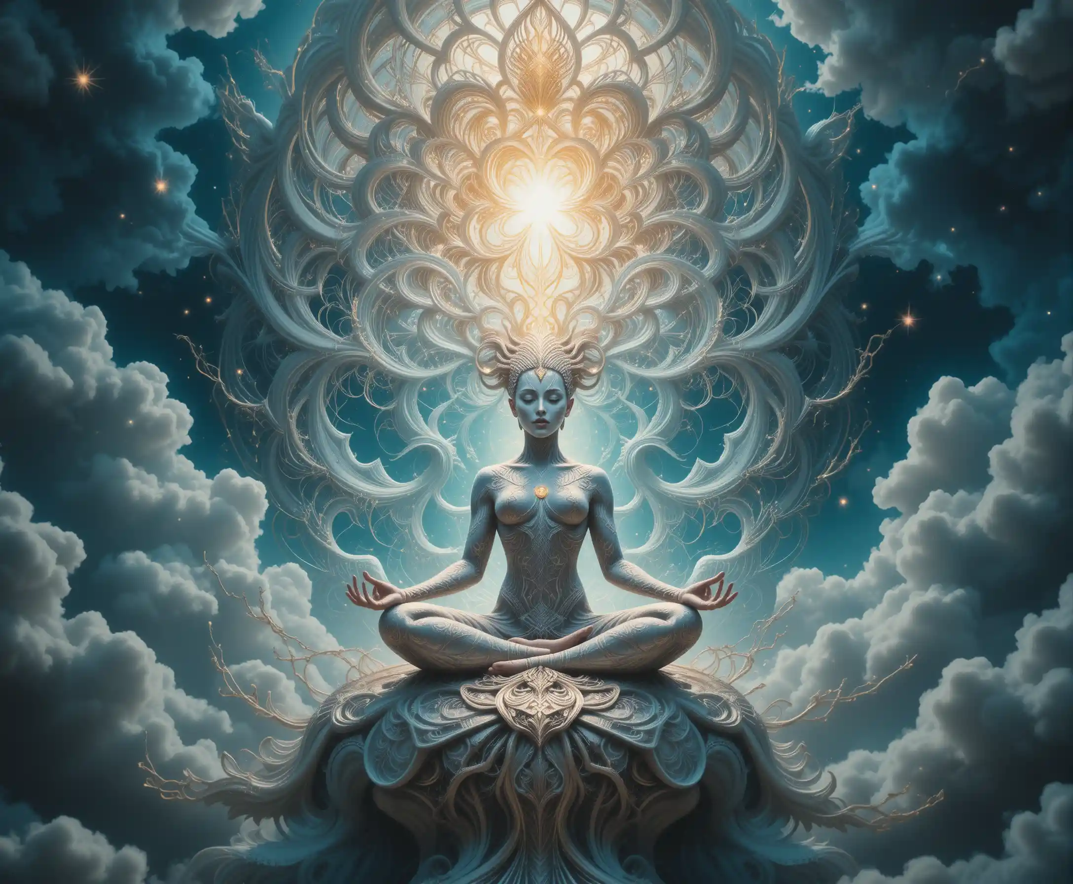 Surreal fractal figure meditating in luminous cosmic mandala