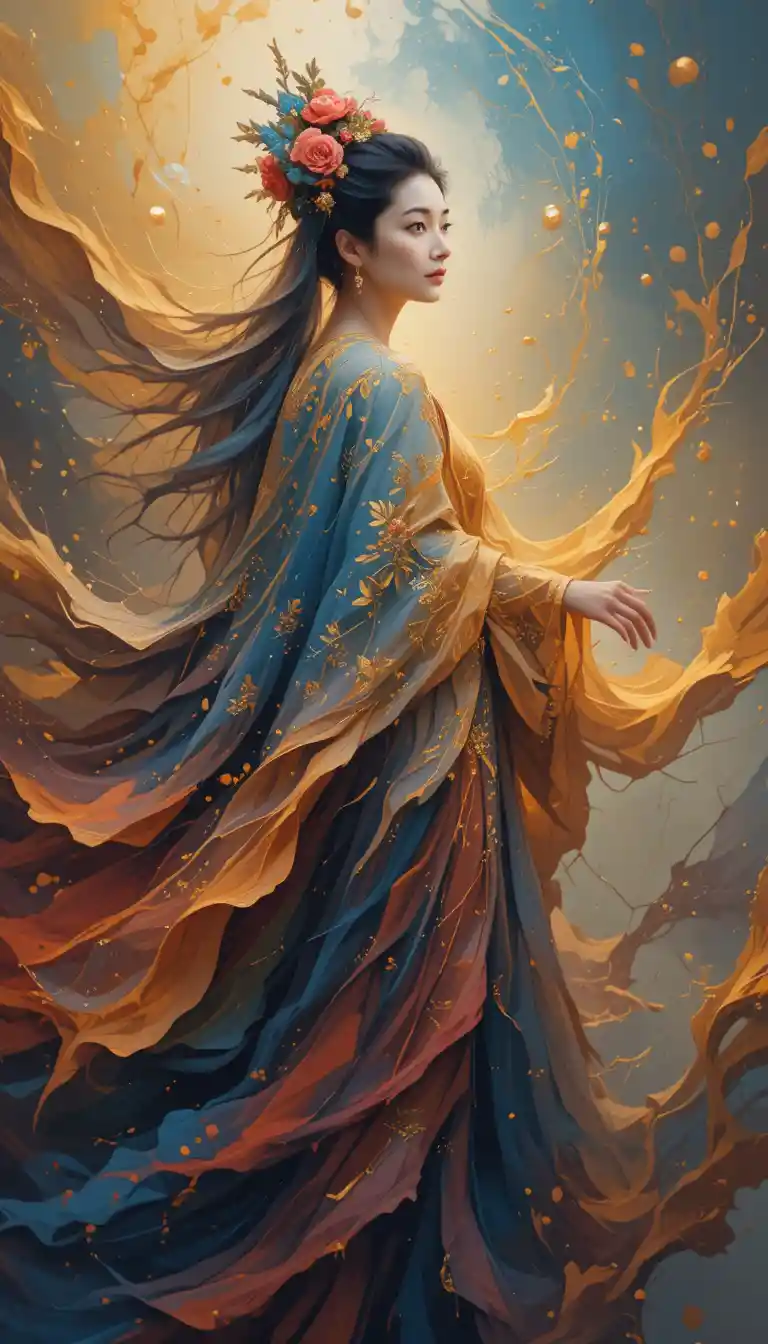 Ethereal woman in flowing patterned garments with floral accents