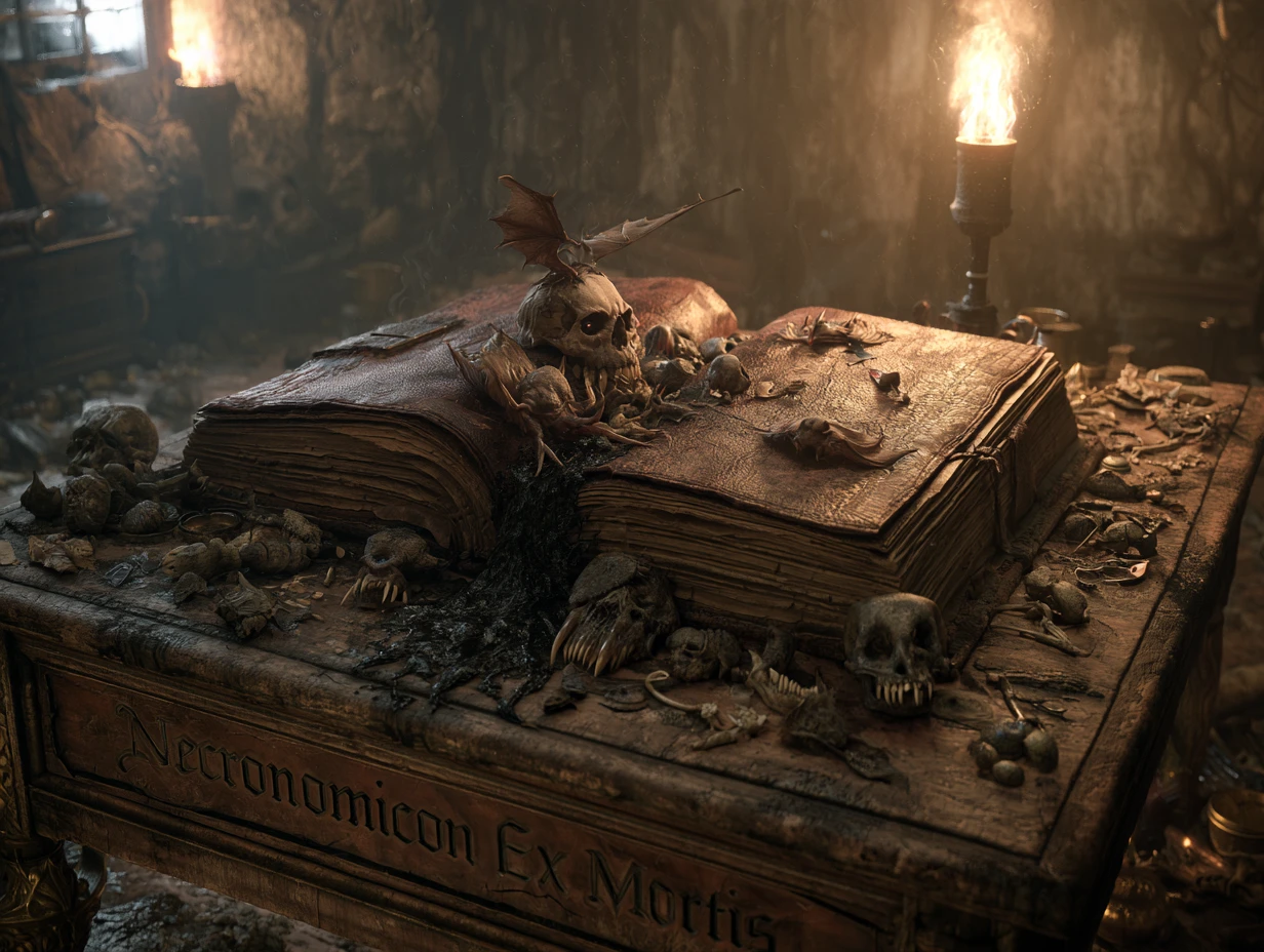 Cursed magic book unleashing demons in a dark room