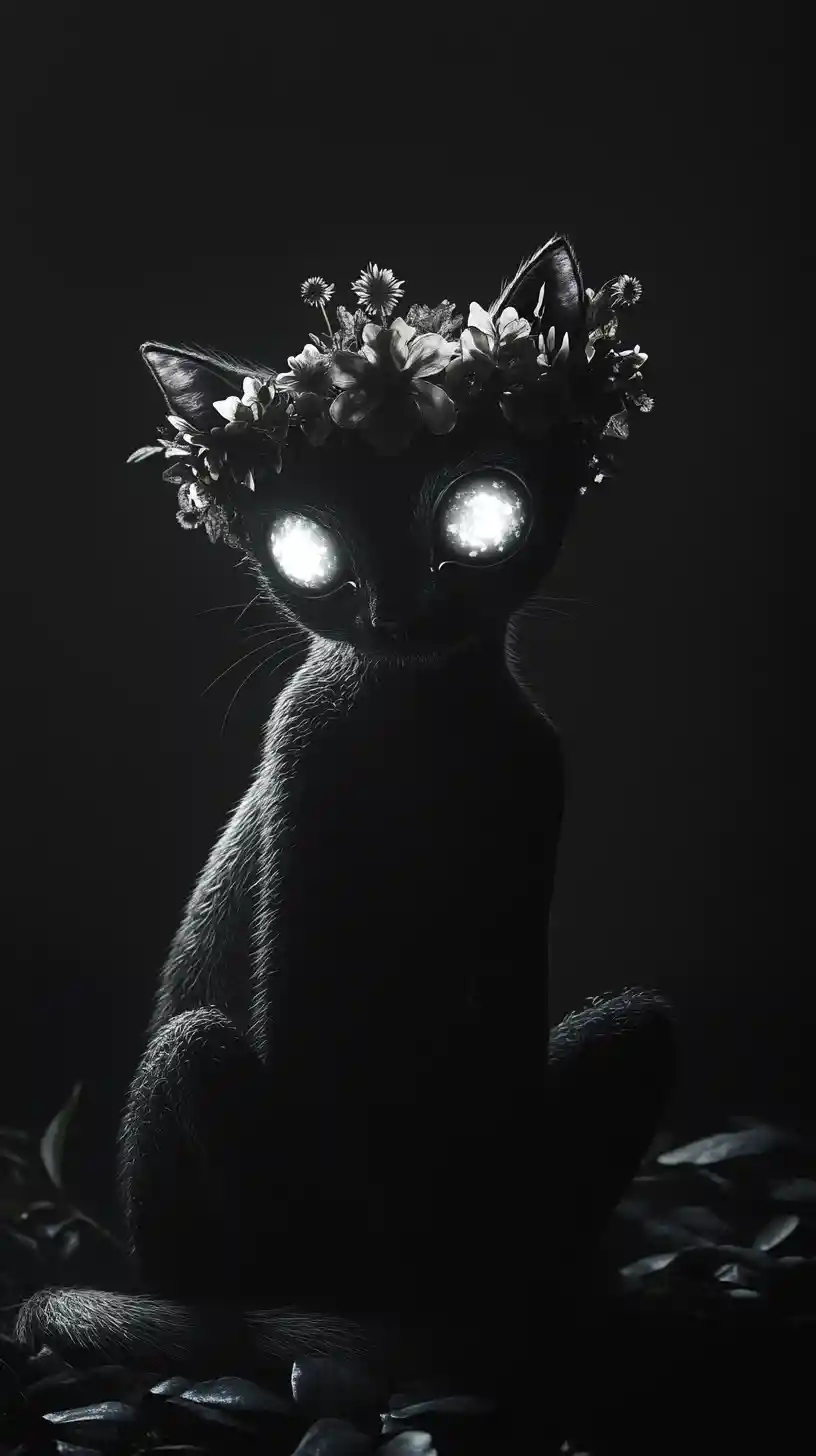Small crowned creature in darkness with luminous eyes