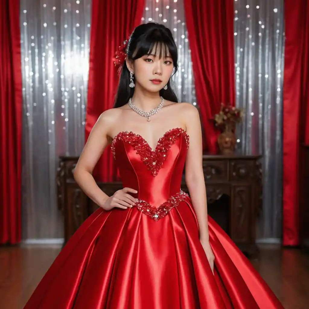 Elegant Japanese girl in red satin ballgown indoors