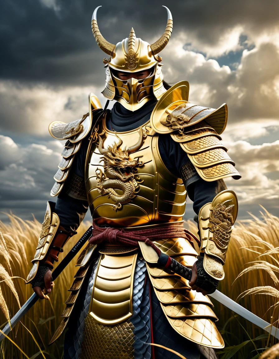 Samurai Warrior In Golden Armor Standing In Tall Grass
