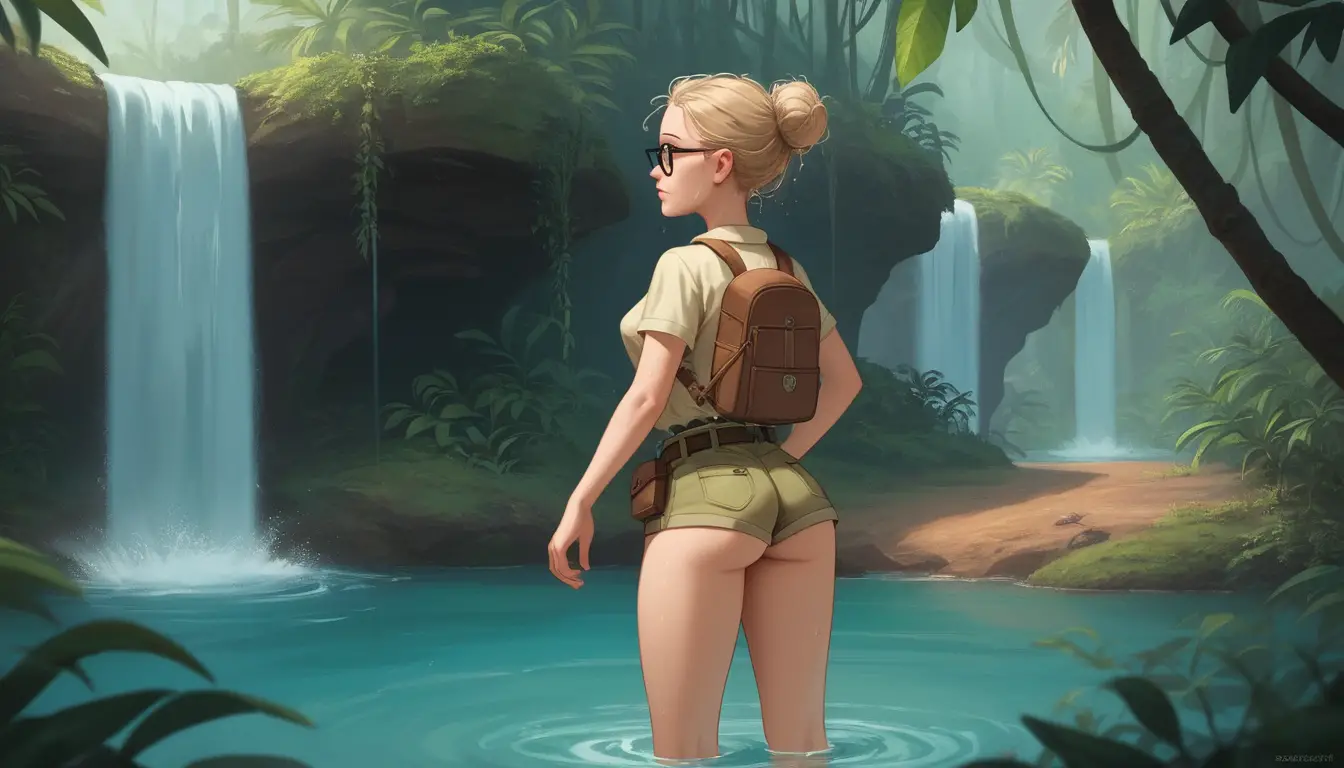 Young anthropologist wading in a jungle river