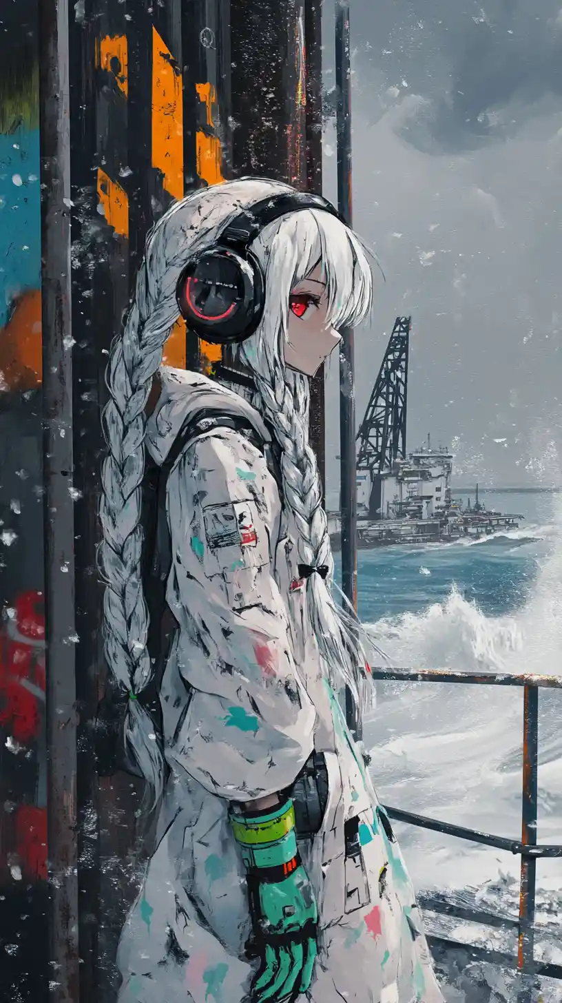 Anime girl on a snowy oil rig in a stormy twilight