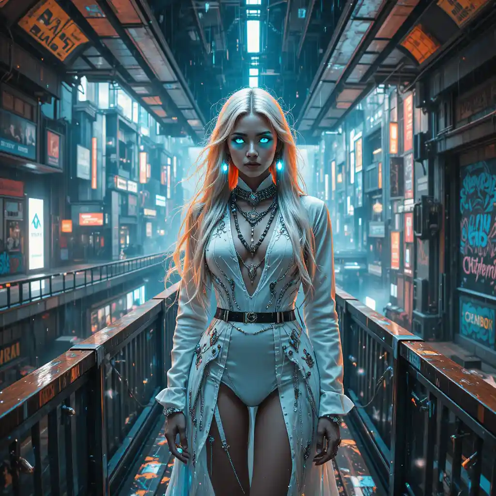 Cyberpunk queen in a futuristic rain soaked transit station