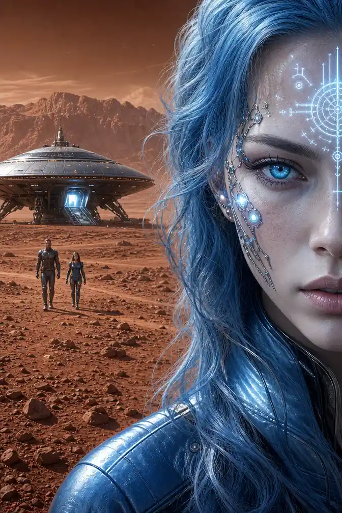 Blue haired alien woman portrait with glowing facial implants