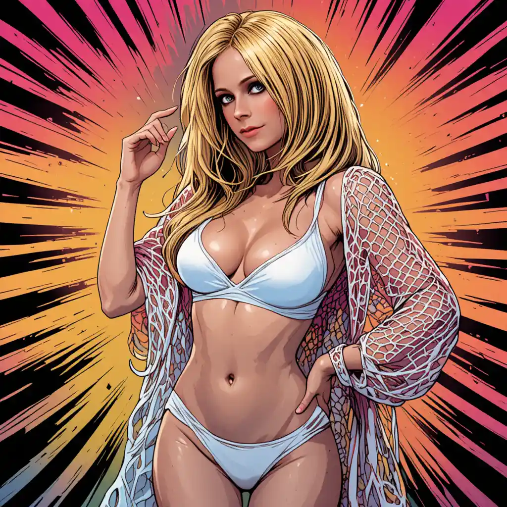 Playful woman in white bikini and mesh coat illustration
