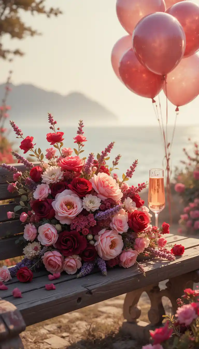 Romantic flower bouquet on wooden bench by the sea