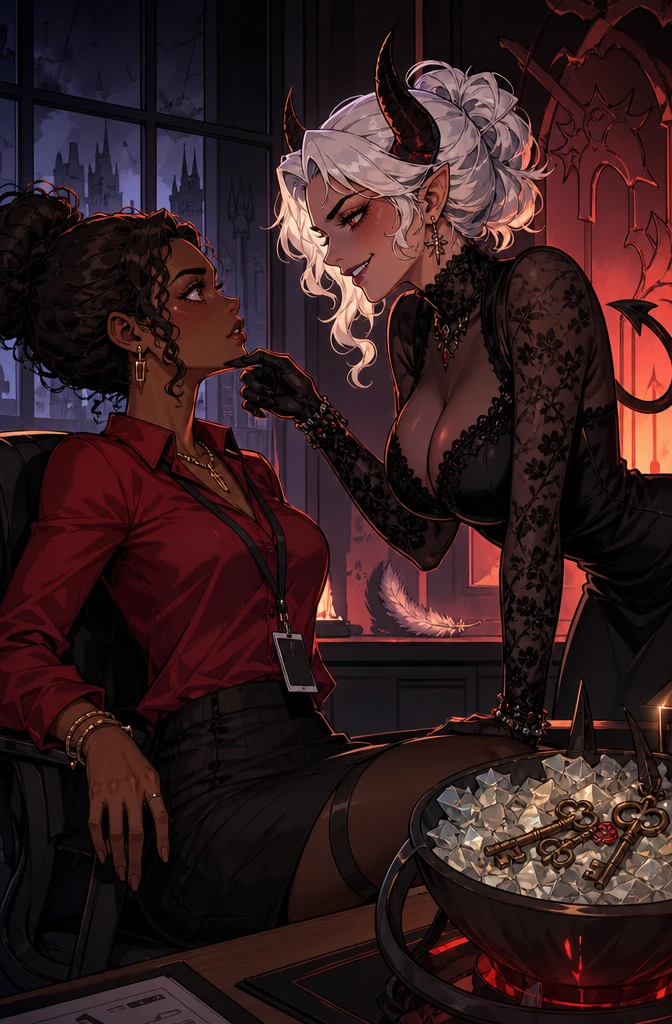 Dark skin woman facing teasing demon in anime style