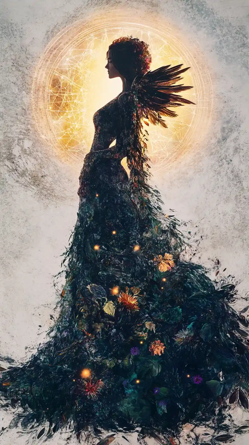 Surreal woman fused with raven wings and floral forms