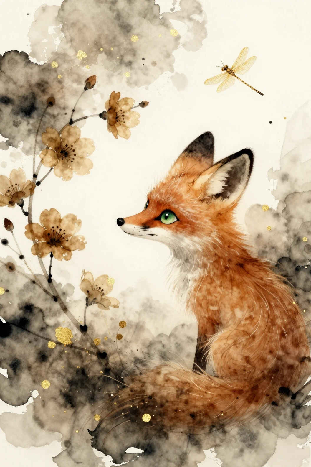 Watercolor fantasy fox with flowers and golden accents