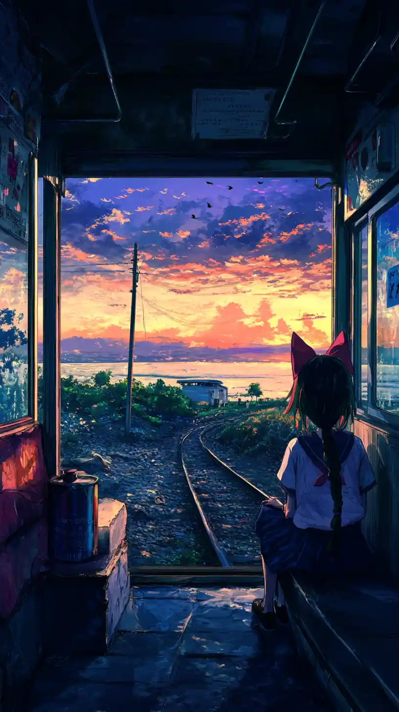 Anime girl resting by a train window at twilight
