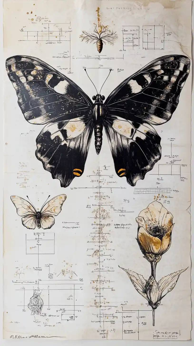 Surreal botanical specimen on parchment with gold annotations