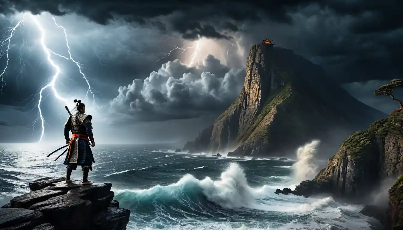Samurai on stormy ocean cliff with katana raised