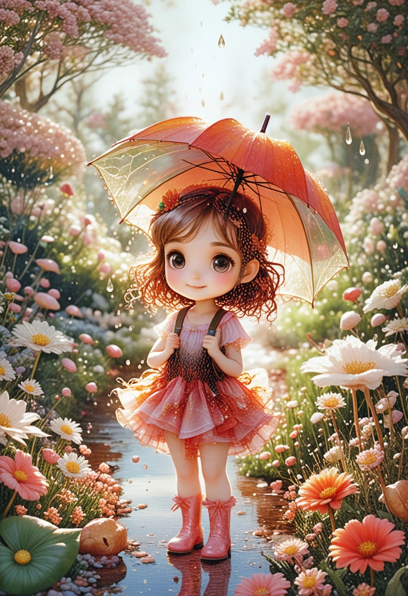 Tiny chibi girl sheltering under a leaf in the rain