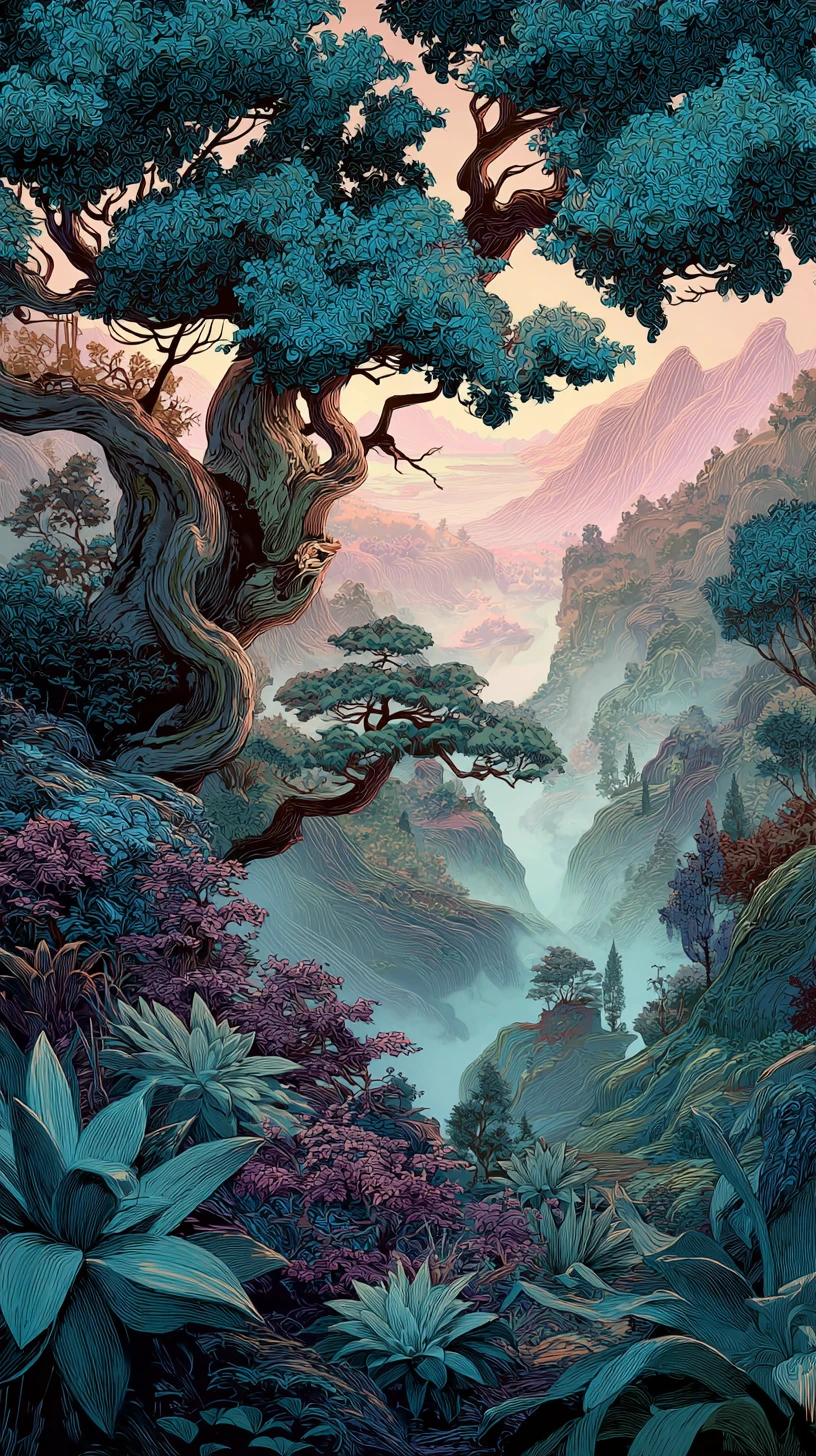 Antiguo árbol de fantasía sobre barranco brumoso al amanecer