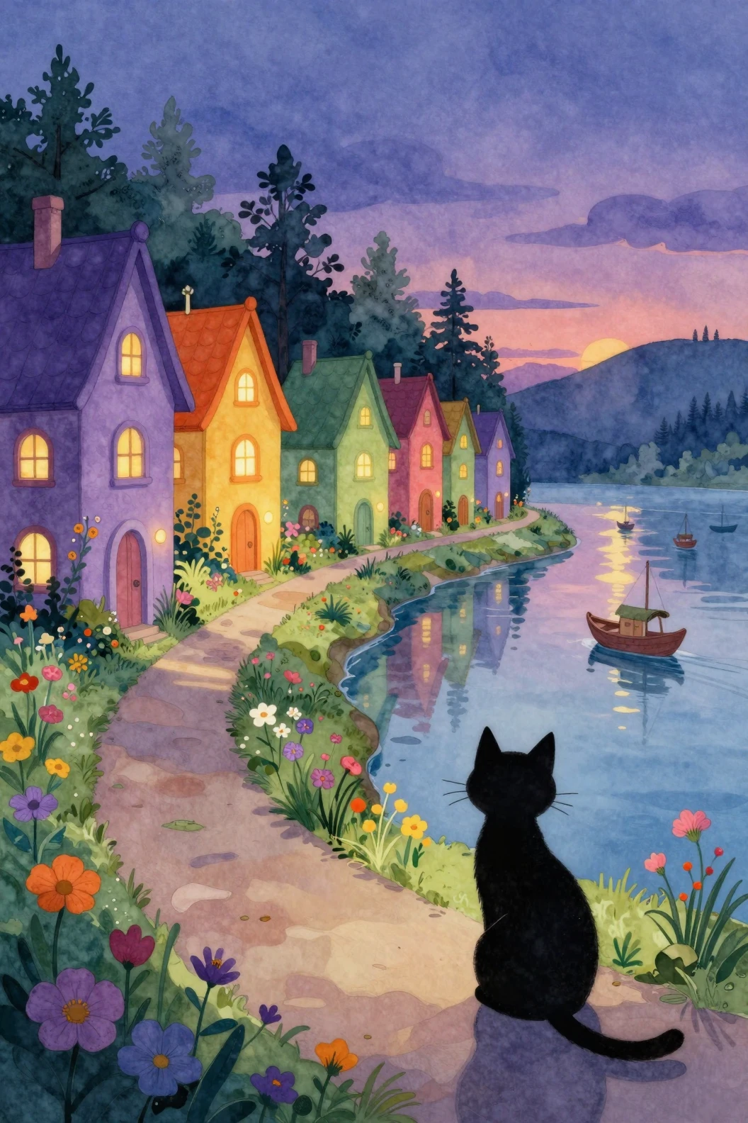 Pueblo al atardecer en acuarela con gato negro junto al agua