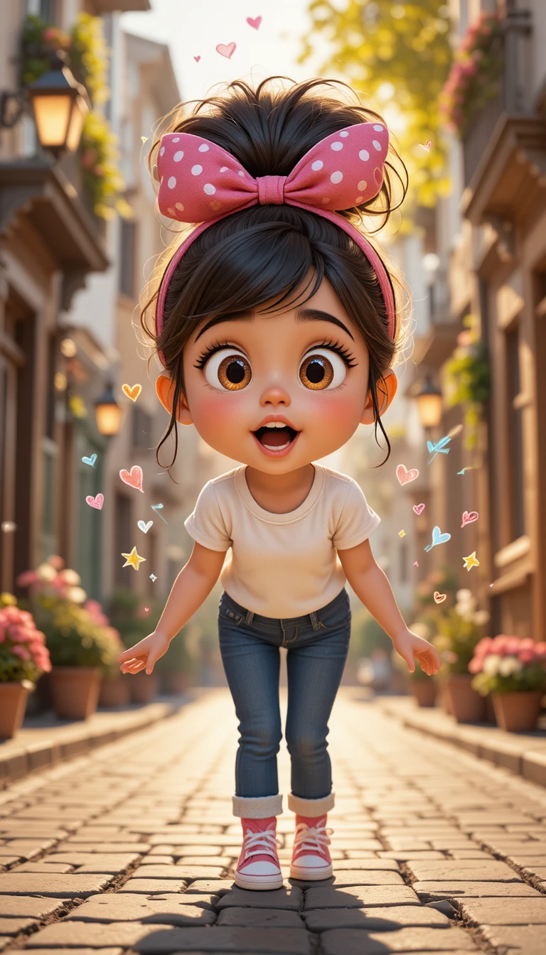 Surprised little girl leaning forward on a sunny street