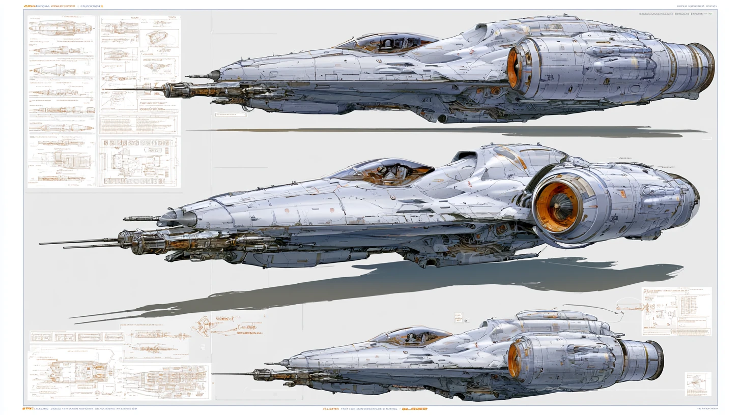 Technical diagram of single seat space fighter with schematics