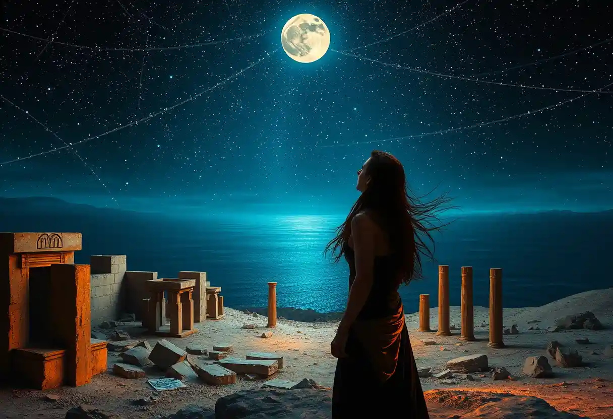 Man Gazing At Starry Sky Over Ancient Ruins And Sea