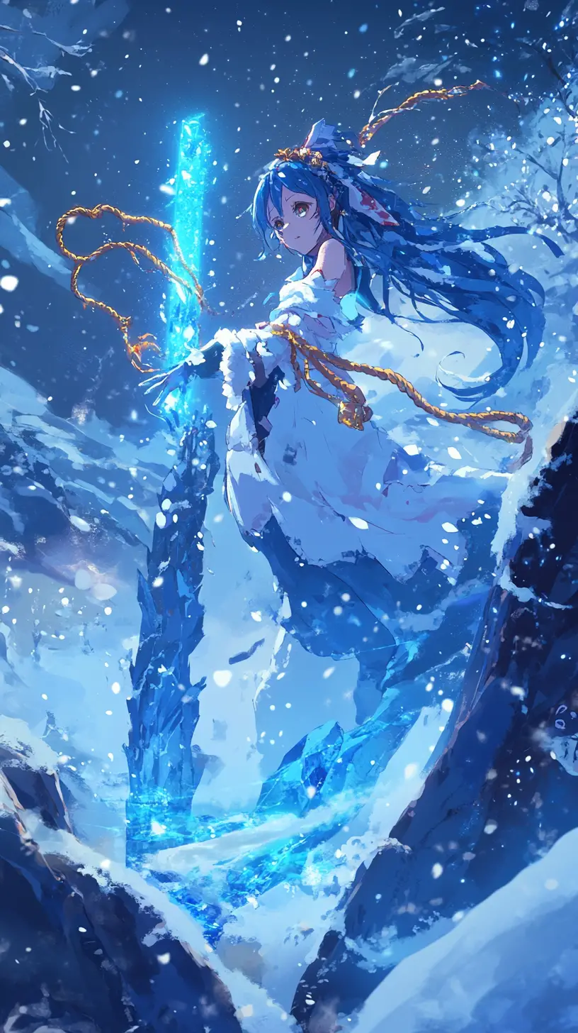 Blue haired anime girl with ice sword at halloween party