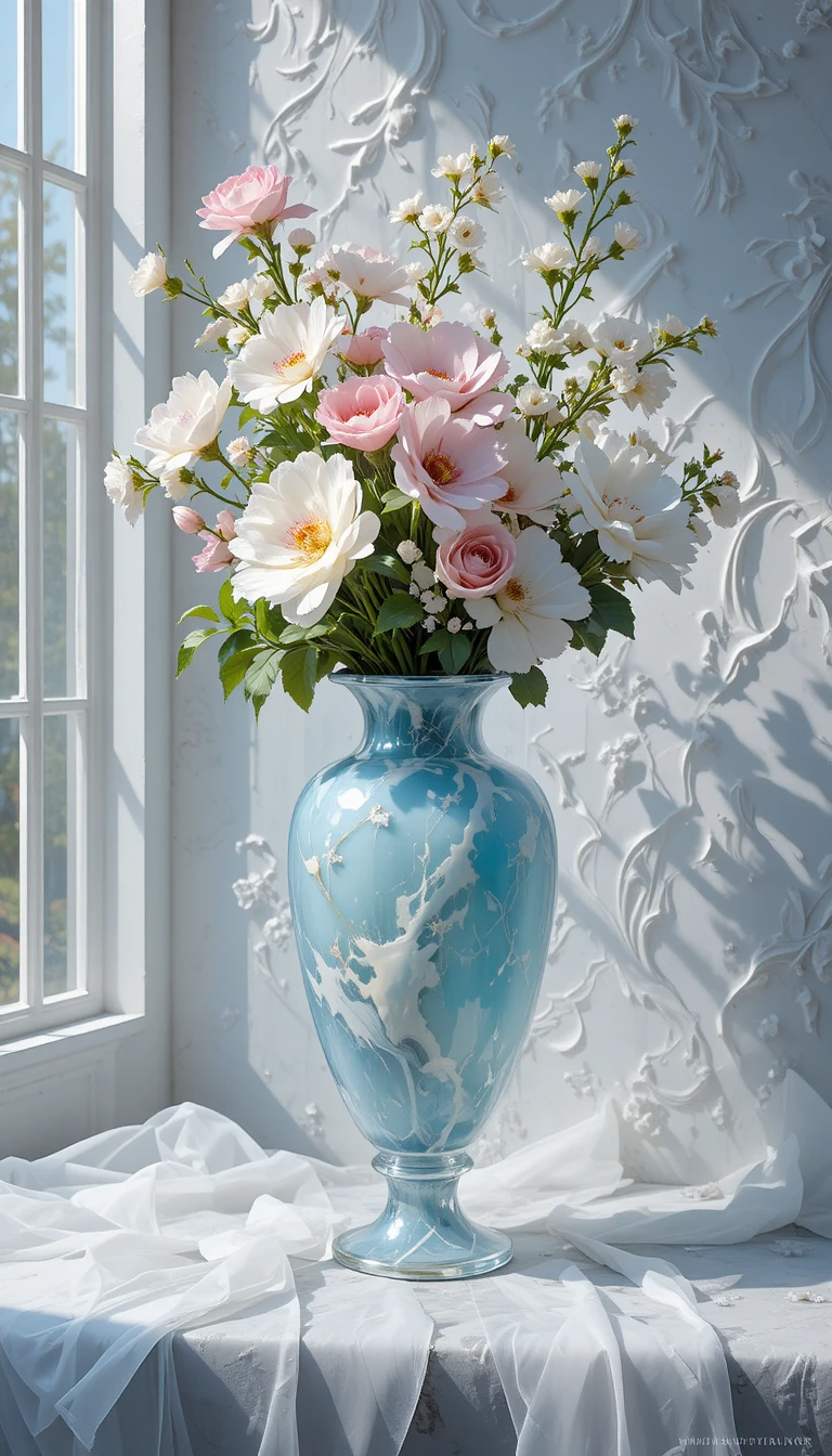 Elegant still life with agate vase and fresh flowers