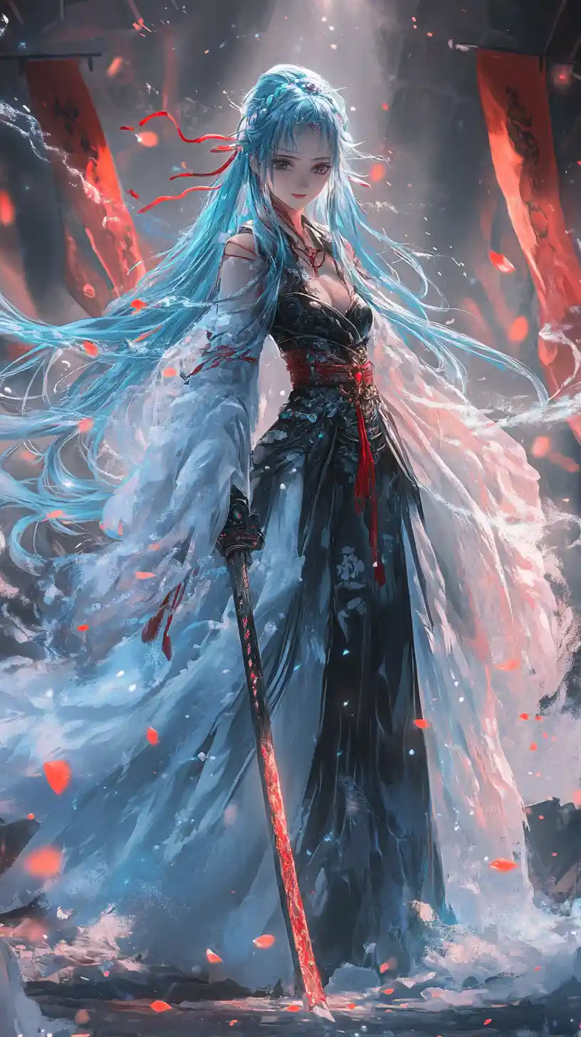 Blue haired anime girl wielding an icy sword in a temple